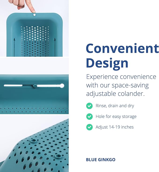 BLUE GINKGO Sink Colander Baskets - (Pack of 2) Wash Vegetables and Fruits, Drain Cooked Pasta and Dry Dishes - Extendable - New Home Kitchen Essentials (2 Teal)