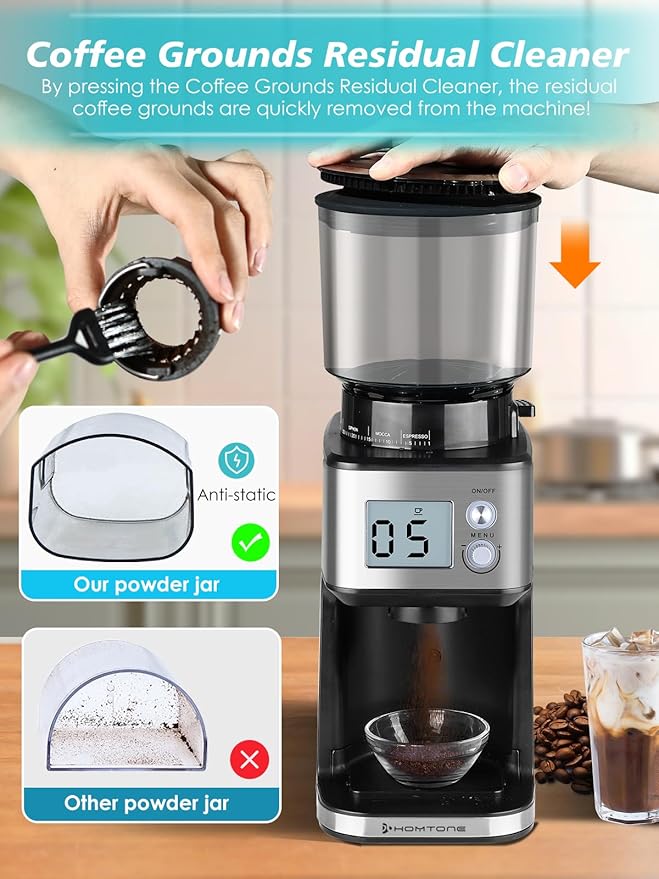 Homtone Conical Burr Coffee Grinder – 51mm Stepless Electric Espresso Grinder with Grind Settings, Automatic Timer, Low Noise, with Portafilter Holders, for Home and Commercial Use, Grade for Baristas