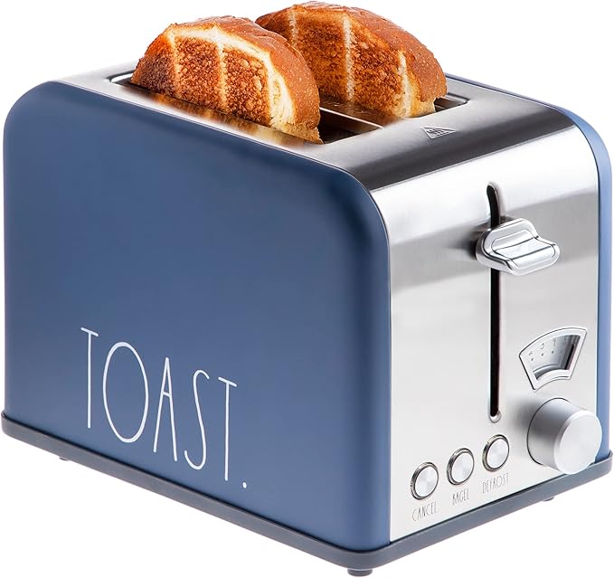 Rae Dunn Toaster, Stainless Steel 2 Slice Square Toaster, Wide Slot with 5 Browning Levels, with Bagel, Defrost and Cancel Options (Navy)