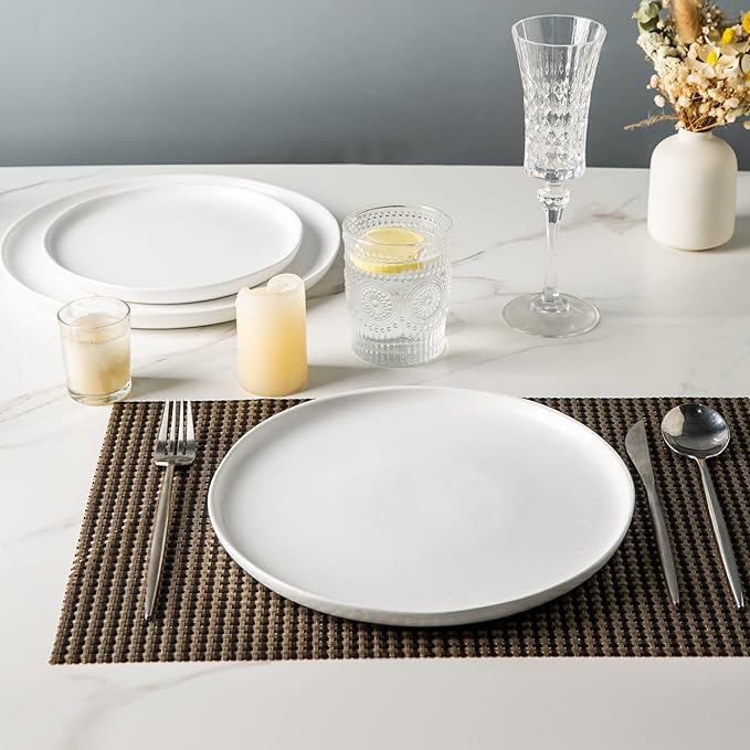 AmorArc Dinner Plates Set of 4, Handcrafted Porcelain Wavy Rim 10.5 Inch Modern Ceramic Plates Set, Dinnerware Dishes for Kitchen-Microwave&Dishwasher&Oven Safe, Chip resistant-Speckeld White