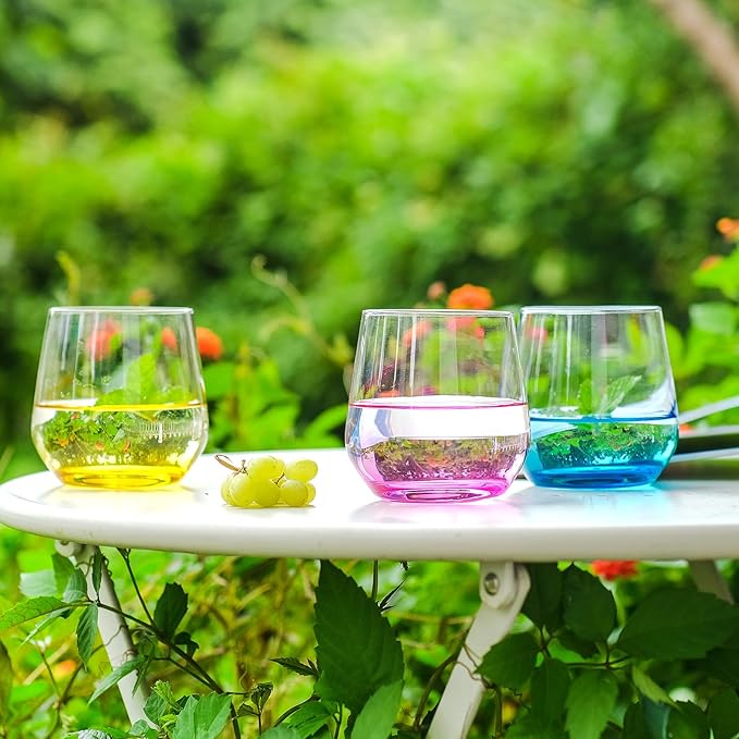 Stemless Wine Glasses Set of 6 - Hand Blown Colored Short Wine Tumblers - 15 oz Elegant Sparkling Wine Glass - Unique Gift for Birthday,Wedding, Mother’s Day