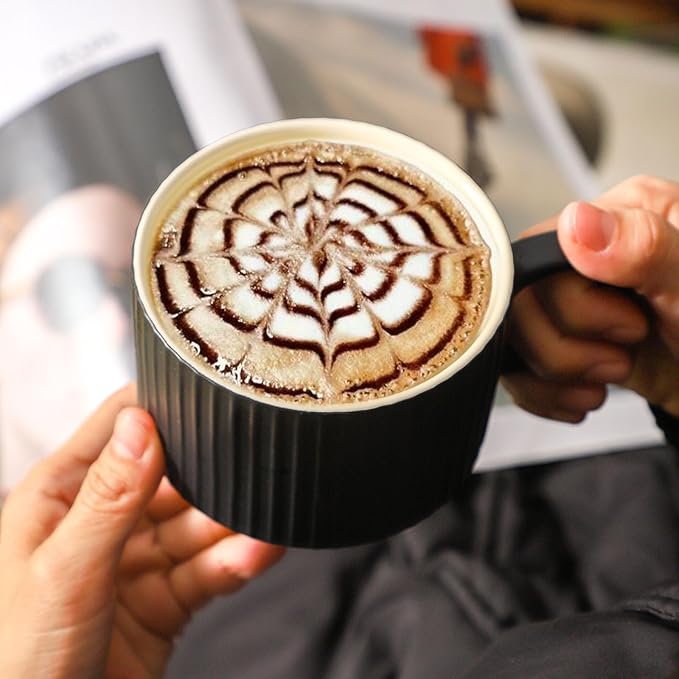 glowworm Coffee Mugs Set of 4, 15 Oz Ceramic Coffee Cups, Stackable Coffee Mugs for Lattee, Cappuccino, Wedding, Birthday Gift, Microwave & Dishwasher Safe, Black