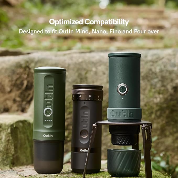 OutIn Ultra-Portable Foldable Coffee Stand with Carabiner, Stable Portable Espresso Machine Holder, Aluminum Unibody Design, Clip-On Carabiner for Easy Carrying, Fit Mino, Nano