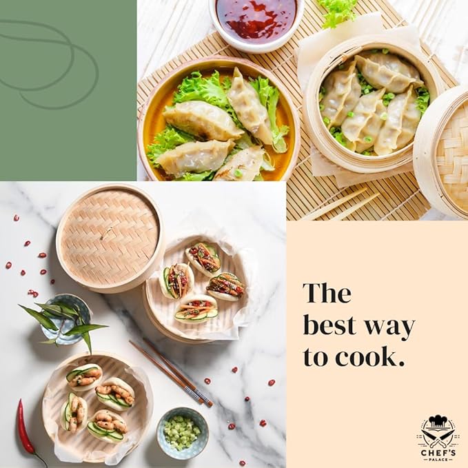 Chef's Palace Bamboo Steamer Basket | 10 Inch 2 Tier Dumpling, Rice and Vegetable Steamer | Chopsticks and Chopsticks Helpers, Silicon Liners, Ring Adapter, Dumpling Helper and Instructions Manual.