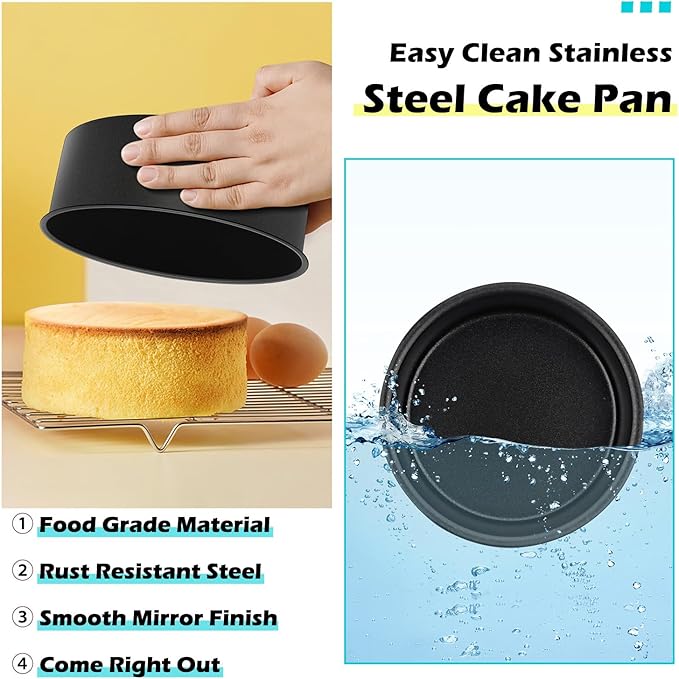 LIANYU Round Cake Pans Set of 2, 6 Inch Round Layer Cake Tins for Baking, Nonstick Stainless Steel Round Baking Pan, Bakeware for Oven & Dishwasher, Non Toxic & Heavy Duty, Black
