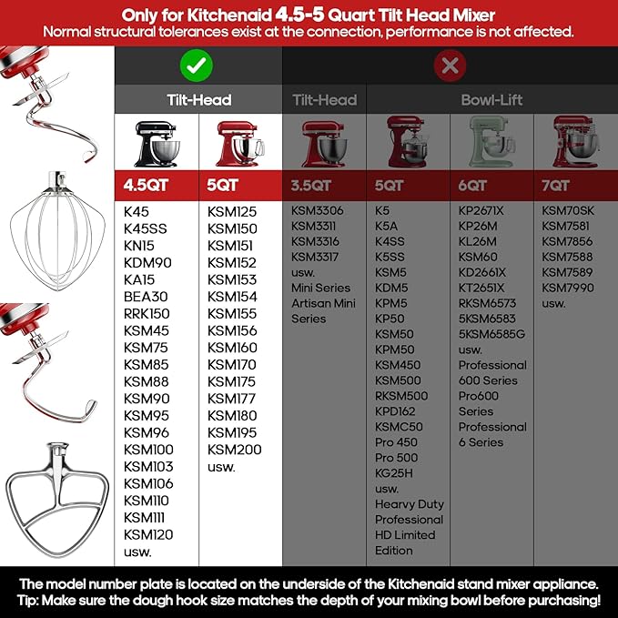 Stainless Steel Dough Hook for Kitchenaid Stand Mixer, Bread Hook for 4.5Qt -5 Qt Tilt-Head Stand Mixer, Dough Hook for Kitchenaid Mixer Attachments, Dishwasher Safe by GVODE