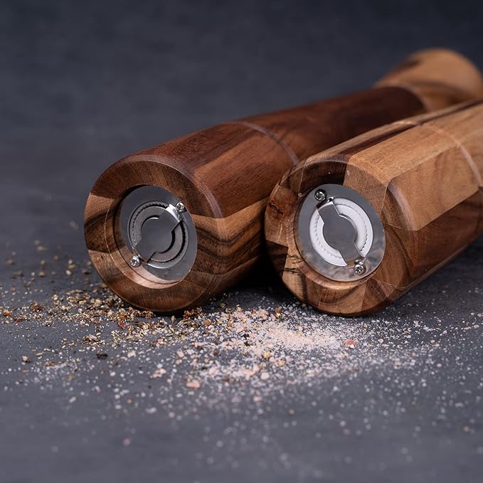 Salt and Pepper Grinder Set with Tray, Adjustable Ceramic Grinder Salt Mill, Stainless Steel Grinder Pepper Mill, Acacia Wood, 32 cm / 12 inch Height, Bottom Dia 6 cm (Tray is Included)