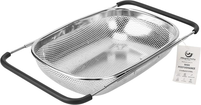 ZDRongZhen Kitchen Accessories Over the Sink Colander Strainer Basket，Stainless Steel Colander with Expandable Rubber Grip Sink Drainer-Rinse Vegetables Fruits &Strain&Drain (Large-Dense round hole)
