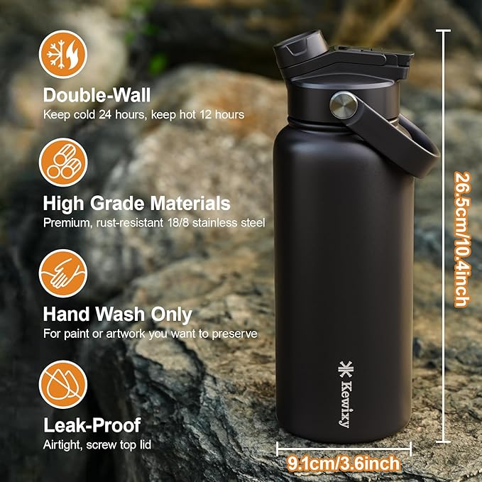 32 oz Insulated Water Bottle, 2-in-1 Lid, Straw & Spout with Protected, Leak Proof, Keep Cold, Stainless Steel, Metal, Reusable, Handle, for Outdoor, Gym and School, 2 Lids, Midnight Black