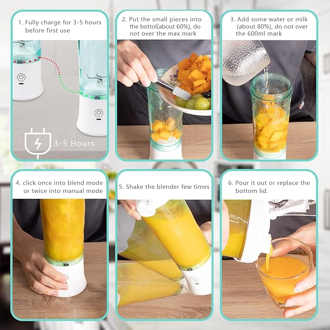 Smoothie Blender with 6 Sharp Blades, Rechargeable Personal Blender for Shakes and Smoothies with 600ML Travel Cup and Lid, for Kitchen, Hiking, Office, Gym