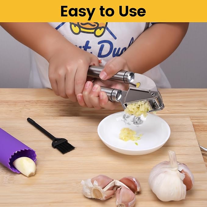 Garlic Press Mincer, 304 Stainless Steel Garlic Press with Garlic Peeler Tube, Heavy Duty Metal Ginger Press, Silver