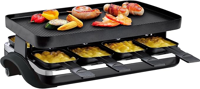 TAMARIT Classic 8 Person Raclette Grill 1500W Electric Tabletop Grill with Reversible Plate, 8 Non-Stick Raclette Trays & Spatulas Indoor Portable Korean BBQ Barbecue Grill, Party Grill Black