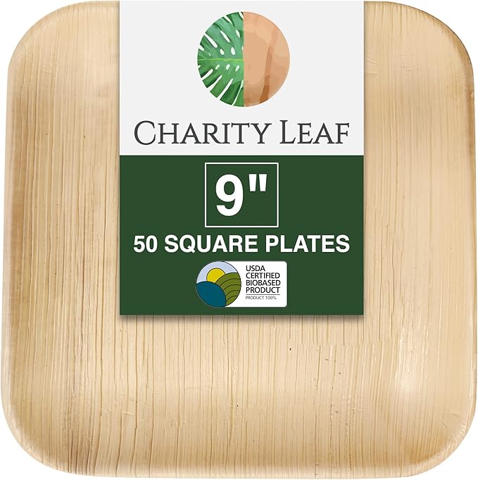 Disposable Palm Leaf 9" Square Plates (50 pieces) Bamboo Like Serving Platters, Disposable Boards, Eco-Friendly Dinnerware For Weddings, Catering, Events