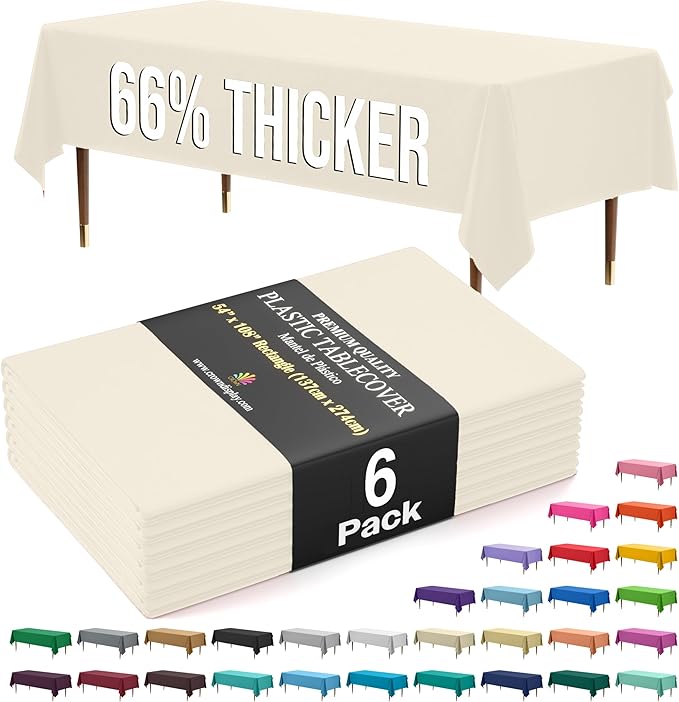 Party Solids 66% Thicker Premium Plastic Table Cloth Rectangle Table Cover 0.5 Mil 6 Pack Ivory Table Cloth 54 Inch x 108 Inch Disposable Tablecloth Won't Tear Easily Like Cheap Thin Brands