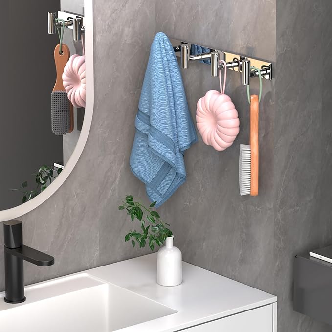 Wall Mounted Coat Rack-4 Hooks, Heavy Duty Stainless Steel Hook Rail for Towel Coat Hat Purse Bag Jacket, Towel Hooks for Entryway Bathroom Kitchen (Glossy 4 Hooks - 1 Pack)