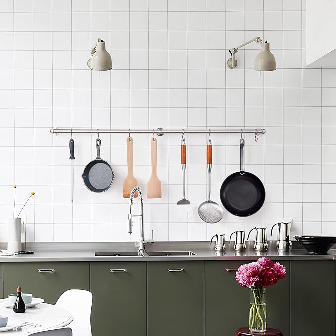 ROTHLEY Hanging Pot Rack Hanger: 39.4 Inch Stainless Steel Pot and Pan Hanger Pot Rack Wall Mounted Hanging Pots and Pans Rack Pot Hangers for Kitchen Wall Kitchen Rail with Hooks (Brushed)