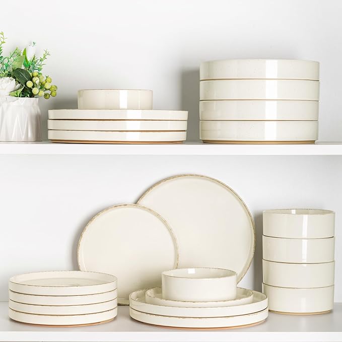 AmorArc Ceramic Dinnerware Sets for 4, 12 Pieces Handpainted Plates and Bowls Set with Rustic Terracotta Underside, Scratch Resistant Stoneware Dishes Set, Dishwasher & Microwave Safe