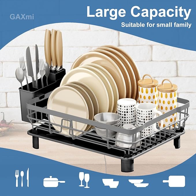 GAXmi Dish Drying Rack Over The Sink Drainer with Drainboard Utensil Holder, 1-Tier Grey