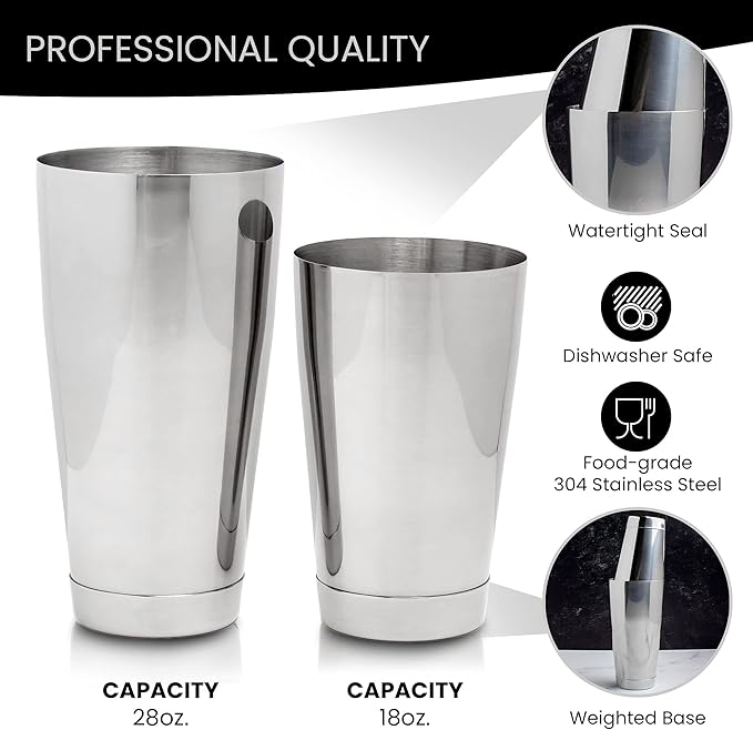 Boston Shaker Set: Two Piece 18oz and 28oz Weighted Stainless Steel Professional Bartender Cocktail Shaker Tins