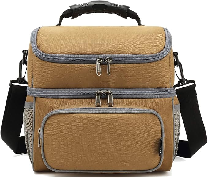 FlowFly Double Layer Cooler Insulated Lunch Bag Adult Lunch Box Large Tote Bag for Men, Women, With Adjustable Strap,Front Pocket and Dual Large Mesh Side Pockets