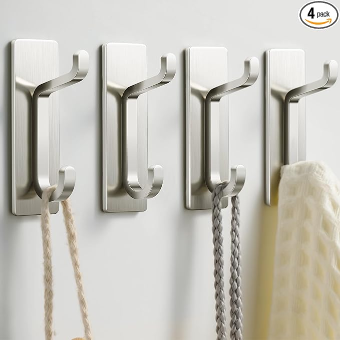 pickpiff Wall Hooks for Coat and Towel: 13LB Adhesive Door Hanger Stick on, Brushed Nickel