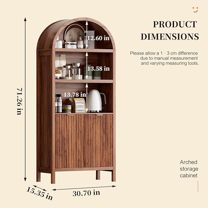 71" Tall Arched Kitchen Pantry,Modern Fluted Wood Storage Cabinet with Doors,Adjustable Shelves,Organizer, Versatile Cupboard for Kitchen,Living Room,Dining Room,Bathroom,Walnut