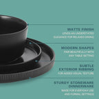 Gibson Home Dempsey Road 12-Piece Stoneware Dinnerware Set – Service for 4, Round Black Plates and Bowls, Durable Solid Color Modern Embossed Dish Set, Microwave & Dishwasher Safe