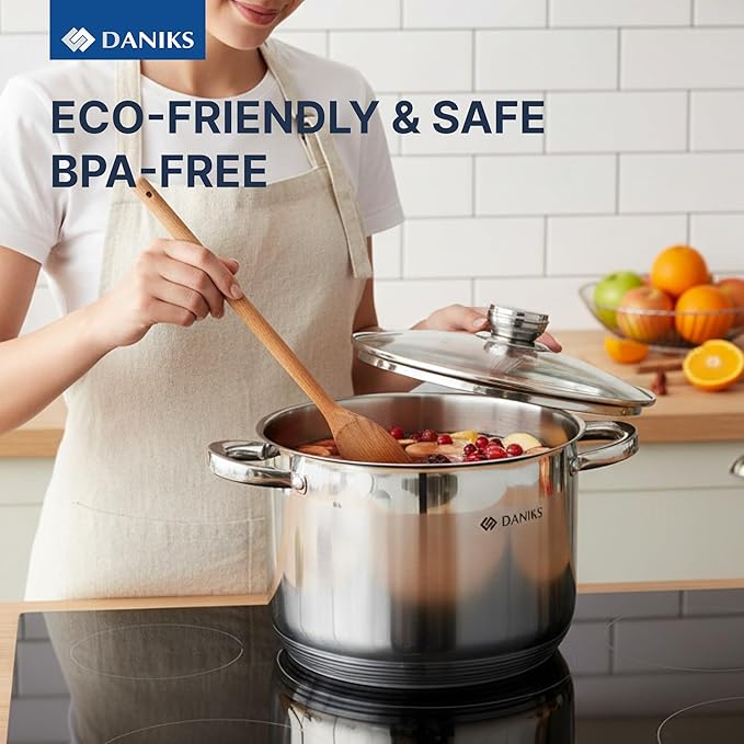 Daniks Standard Stainless Steel Stock Pot with Glass Lid – Induction 10 Quart, Dishwasher Safe, Measuring Scale, For Soup, Pasta, Stew, Silver