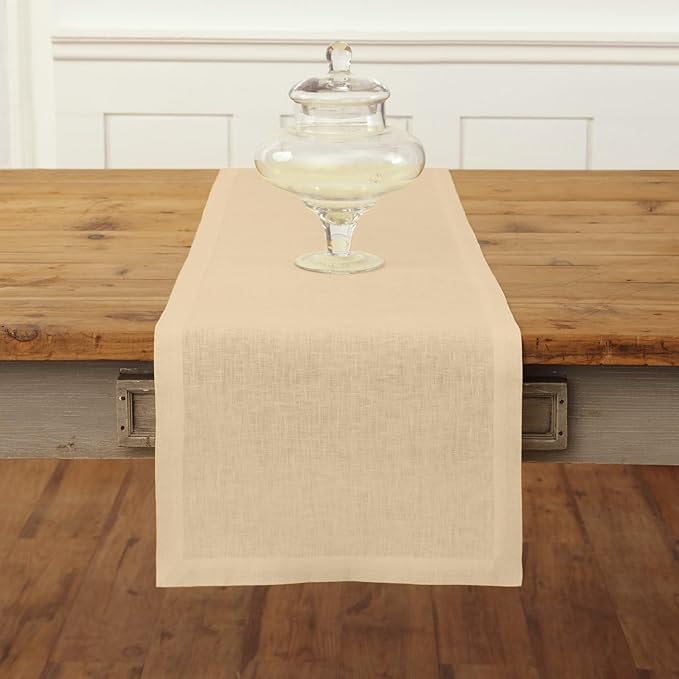 Solino Home Linen Beige Table Runner 60 Inches - 100% Pure Linen Small Table Runner 14 x 60 Inch Ideal for Dresser and Coffee Tables - Summer, Fall, Autumn - Fete