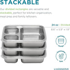 U Konserve Stainless Steel Rectangle Divided 3 Section Food Storage Bento Box Container, Leak Proof Silicone Lid Dishwasher Safe - Plastic Free, (24oz Clear)