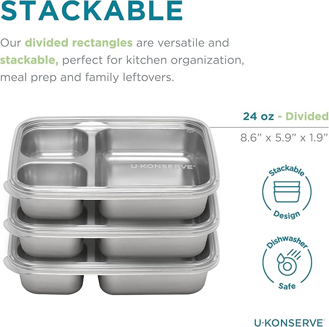 U Konserve Stainless Steel Rectangle Divided 3 Section Food Storage Bento Box Container, Leak Proof Silicone Lid Dishwasher Safe - Plastic Free, (24oz Clear)