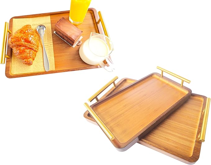 Bamboo Serving Tray with Gold Handles - Large Wood Serving Tray for Breakfast in Bed, Coffee Table, Dinner & bar - Decorative Bed Table Tray for Kitchen or Bedroom（14" x 9.5" x 2"）