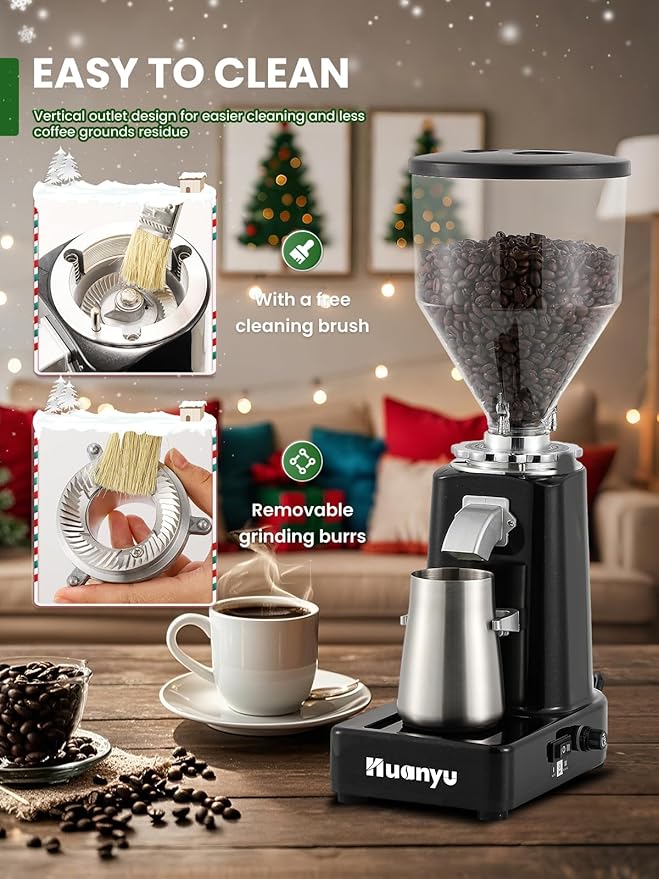 Huanyu Burr Coffee Grinder- Stainless Steel Flat Burr, 19 Precise Grind Settings, 35oz Capacity and Dual Dosing for Espresso, Hand Punch, French Press Black