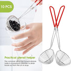 Geiserailie 10 Pieces 6 Pieces Hot Pot Kit Strainer Scoops Stainless Steel 2.5 Inch Mini Spider Strainer Skimmer Pasta Mesh Spoon Asian Skimmer Spoon Ladle with Handle for Home (Red)