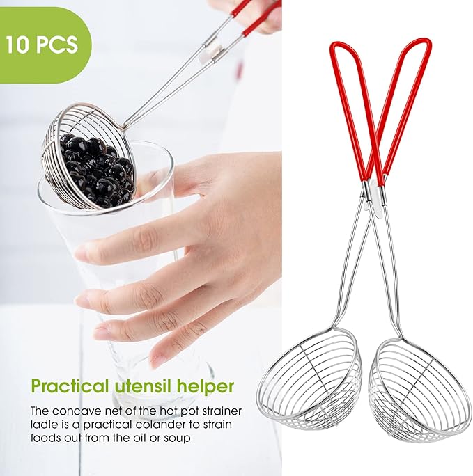 Geiserailie 10 Pieces 6 Pieces Hot Pot Kit Strainer Scoops Stainless Steel 2.5 Inch Mini Spider Strainer Skimmer Pasta Mesh Spoon Asian Skimmer Spoon Ladle with Handle for Home (Red)
