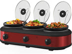 Triple Slow Cooker, 3 x 1.5 QT Portable Small Dual Crock Cooker, Buffet Servers and Warmers Dishwasher Safe, Removable Ceramic Pot Glass Lid, Stainless Steel, Red