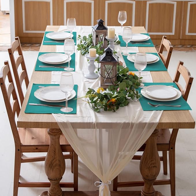 Linen Placemats Set of 8, Machine Washable, Heat Resistant, Wrinkle Free, Thick Polyester Kitchen Place Mats for Dining Table (Teal Blue)