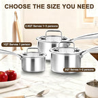 MOUTIUS 1QT+2QT+3.5QT With Steamer Handle Triple Stainless Steel Saucepan with Lid, Ramen Pot with Clear Glass Cover, Small Sauce Pan for Cooking Oatmeal, Dishwasher-Safe, Suitable for All Stoves