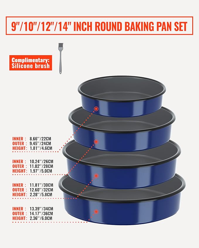 Baking Pans Set Round Roasting Dish 4-Pack 9/10/12/14 Inch Enamel Non Stick Large Bakeware for Cake Bread Pie Pizza Turkey Steak, Non-Toxic Oven Dishwasher Safe Christmas Cookware