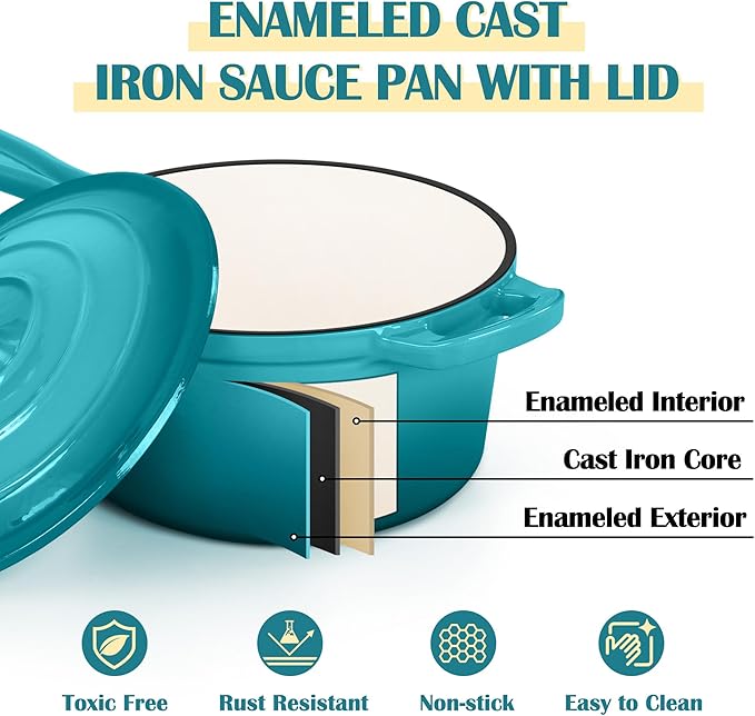 E-far Enameled Cast Iron Sauce Pan with Lid, 1 Quart Dutch Oven Saucepan, Mini Sauce Pot for Cooking, Boiling, Healthy & Non Toxic, Induction & Oven Safe, Green