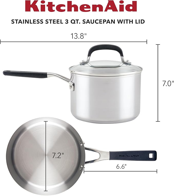 KitchenAid Induction Saucepan with Lid, 3 Quart, Brushed Stainless Steel