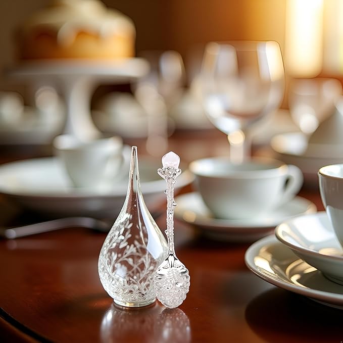 Crystal Coffee Spoon Vintage Floral Carved Long Handle Ice Cream Tea Spoon,Silver Diamond RHinestone