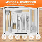 Silverware Organizer，Adjustable & Expandable Utensil Drawer Organizer, BPA Free Utensil Holder, Cutlery Tray for Forks, Spoons, Knives in Kitchen, Medium, White