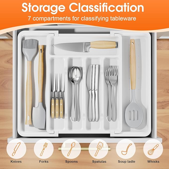 Silverware Organizer，Adjustable & Expandable Utensil Drawer Organizer, BPA Free Utensil Holder, Cutlery Tray for Forks, Spoons, Knives in Kitchen, Medium, White
