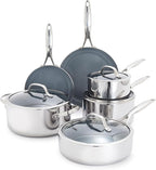 GreenPan Valencia Pro Stainless Steel 10 Piece Cookware Pots and Pans Set, Induction Suitable Mirrored Tri-Ply, Ceramic Nonstick PFAS-Free PFOA-Free Coating, Multi Clad, Dishwasher Oven & Broiler Safe