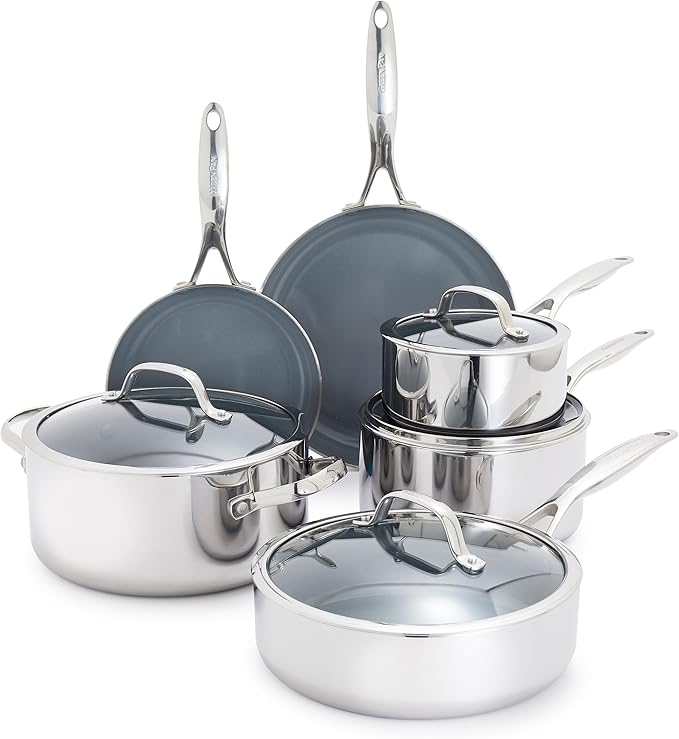 GreenPan Valencia Pro Stainless Steel 10 Piece Cookware Pots and Pans Set, Induction Suitable Mirrored Tri-Ply, Ceramic Nonstick PFAS-Free PFOA-Free Coating, Multi Clad, Dishwasher Oven & Broiler Safe