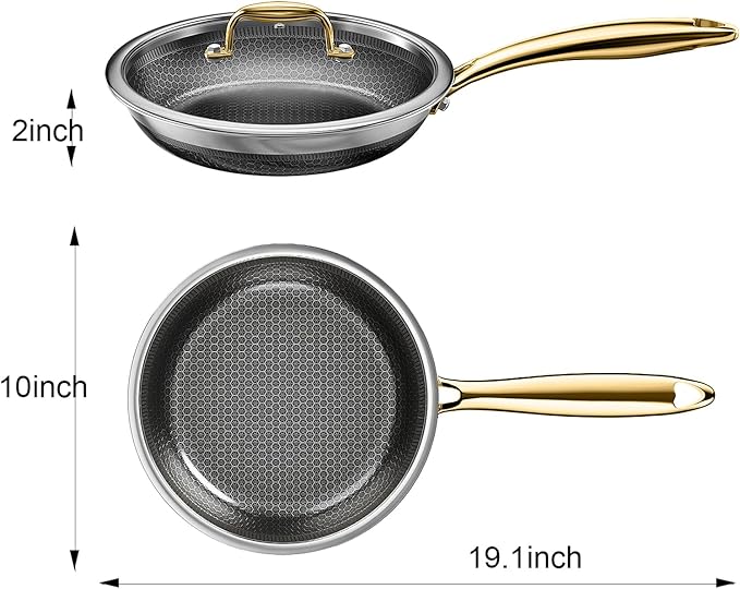 Fogdream 10” Stainless Steel Pan, Non Stick Frying Skillet with Lid, Tri-Ply Stainless Steel for All Cooktops, Dishwasher and Oven-Safe Cooking Pan, Stay-Cool Handle, Gold
