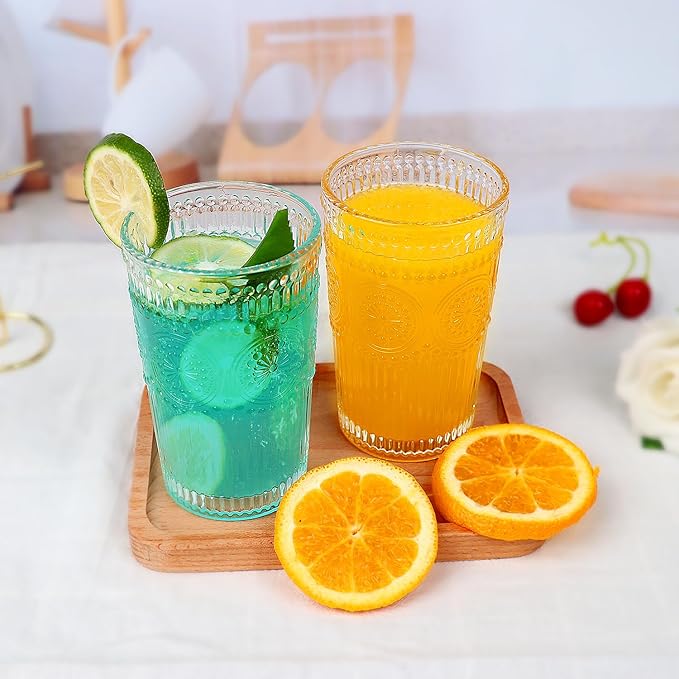 6pcs Vintage Drinking Glasses Set, 12 oz Clear Highball Glasses, Embossed Ribbed Glassware Cups for Cocktail, Water, Juice, Coffee, Whiskey