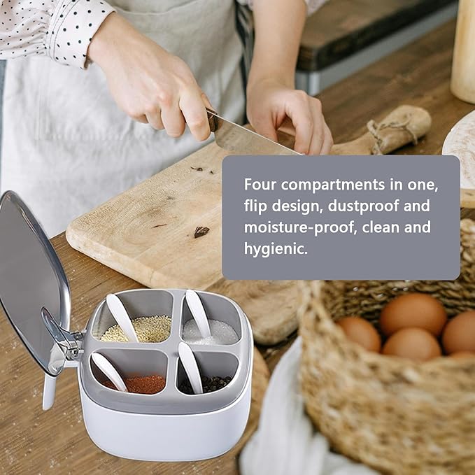 Seasoning Box with Lid and Spoon, 4 Compartment Spice Pots with Handle for Household kitchen for Salt Sugar Pepper Powder, Leakproof, Easy to Clean