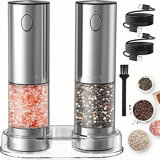 Electric salt and pepper grinder set with LED light. With USB port. Stainless steel automatic refillable 5 adjustable coarseness grinder